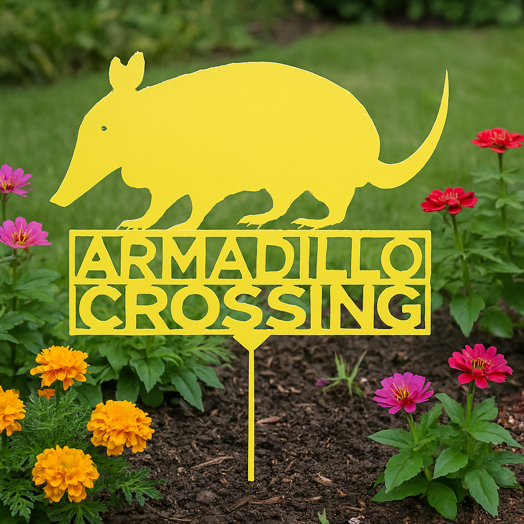 Yellow armadillo-shaped sign with 'Armadillo Crossing' text in a garden setting with flowers.