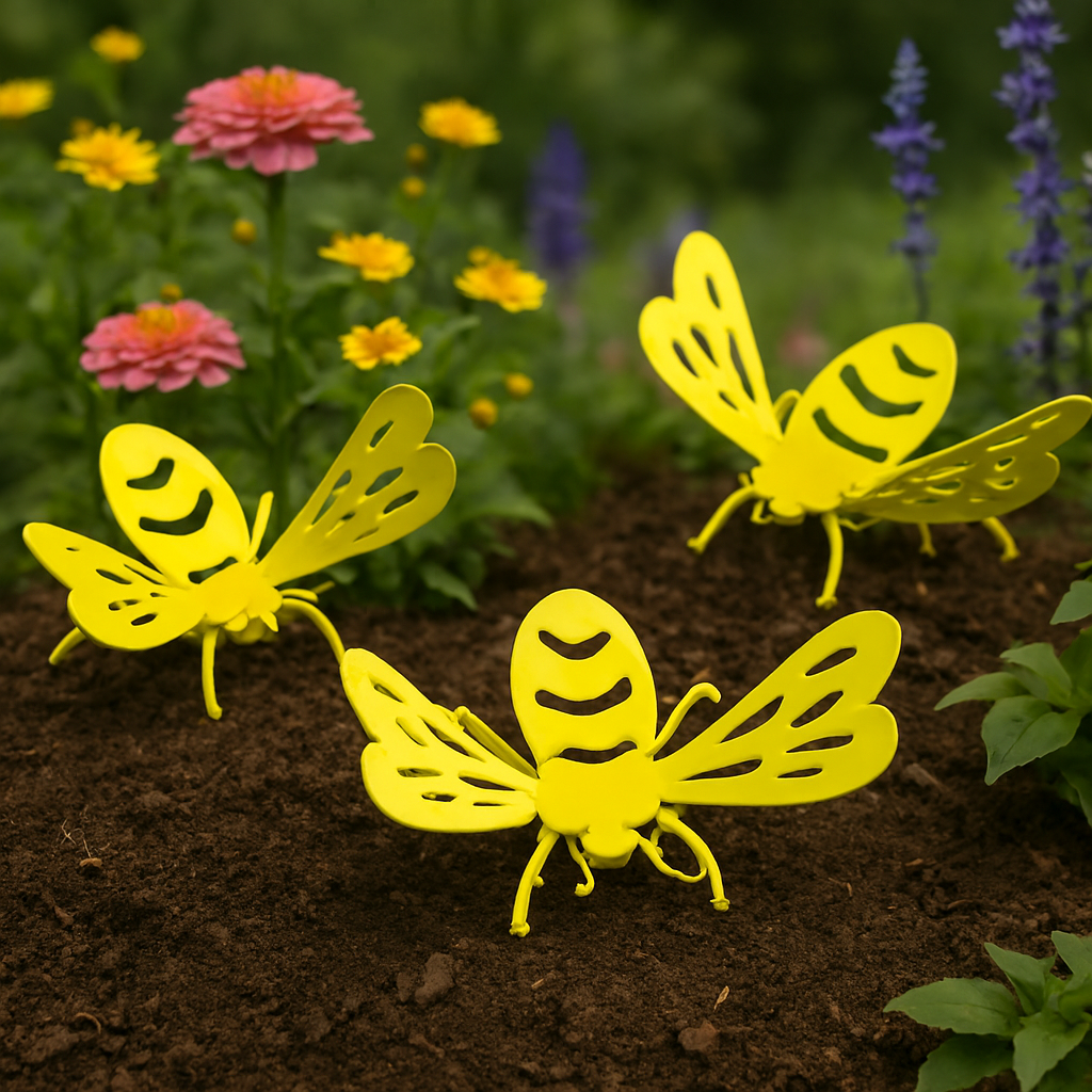 Three yellow bee-shaped garden lights on soil with flowers in the background