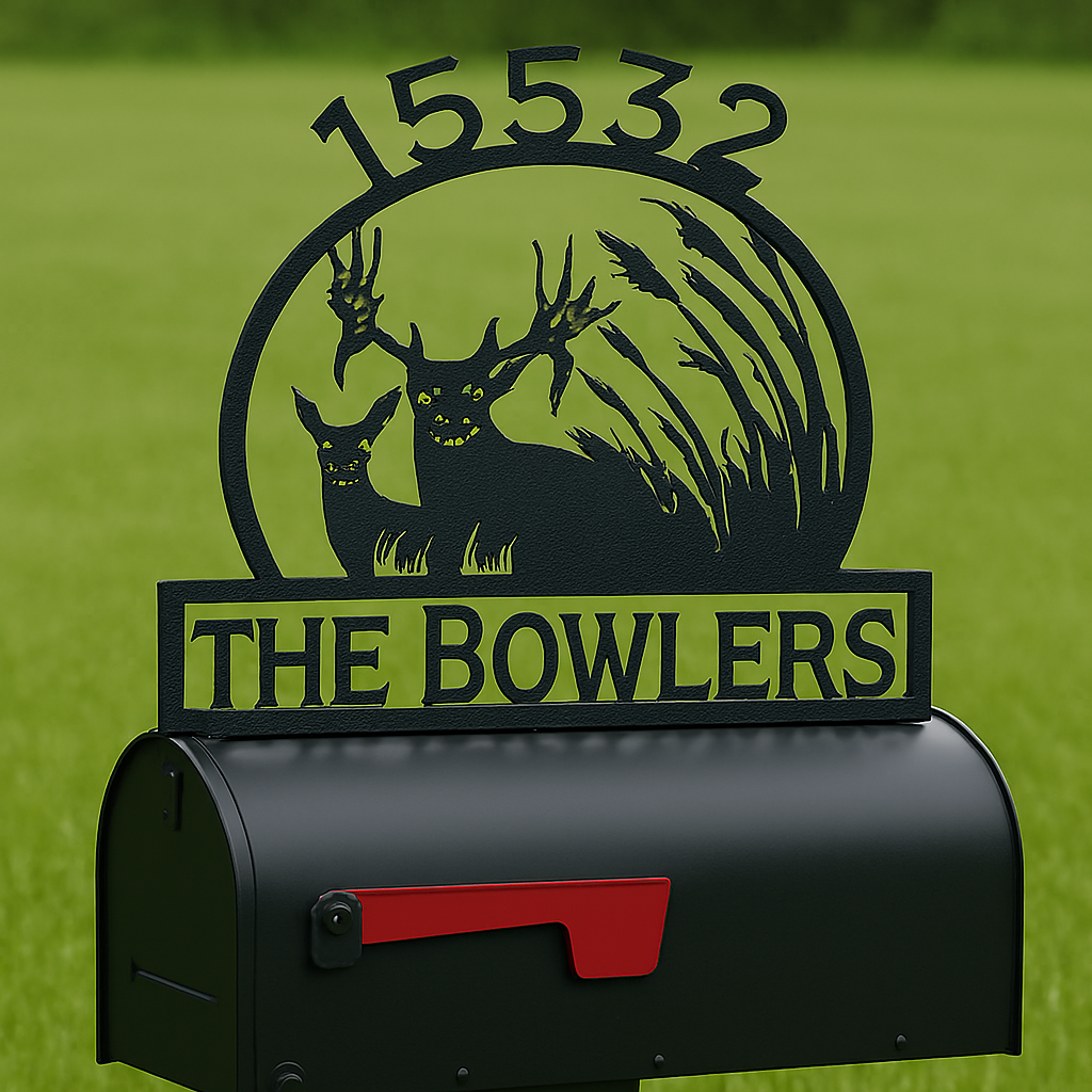 Decorative mailbox top with deer design and 'THE BOWLERS' text on a green background