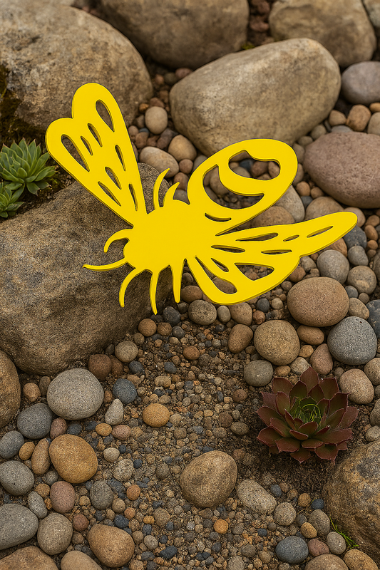 Yellow butterfly-shaped object on a bed of rocks and small plants