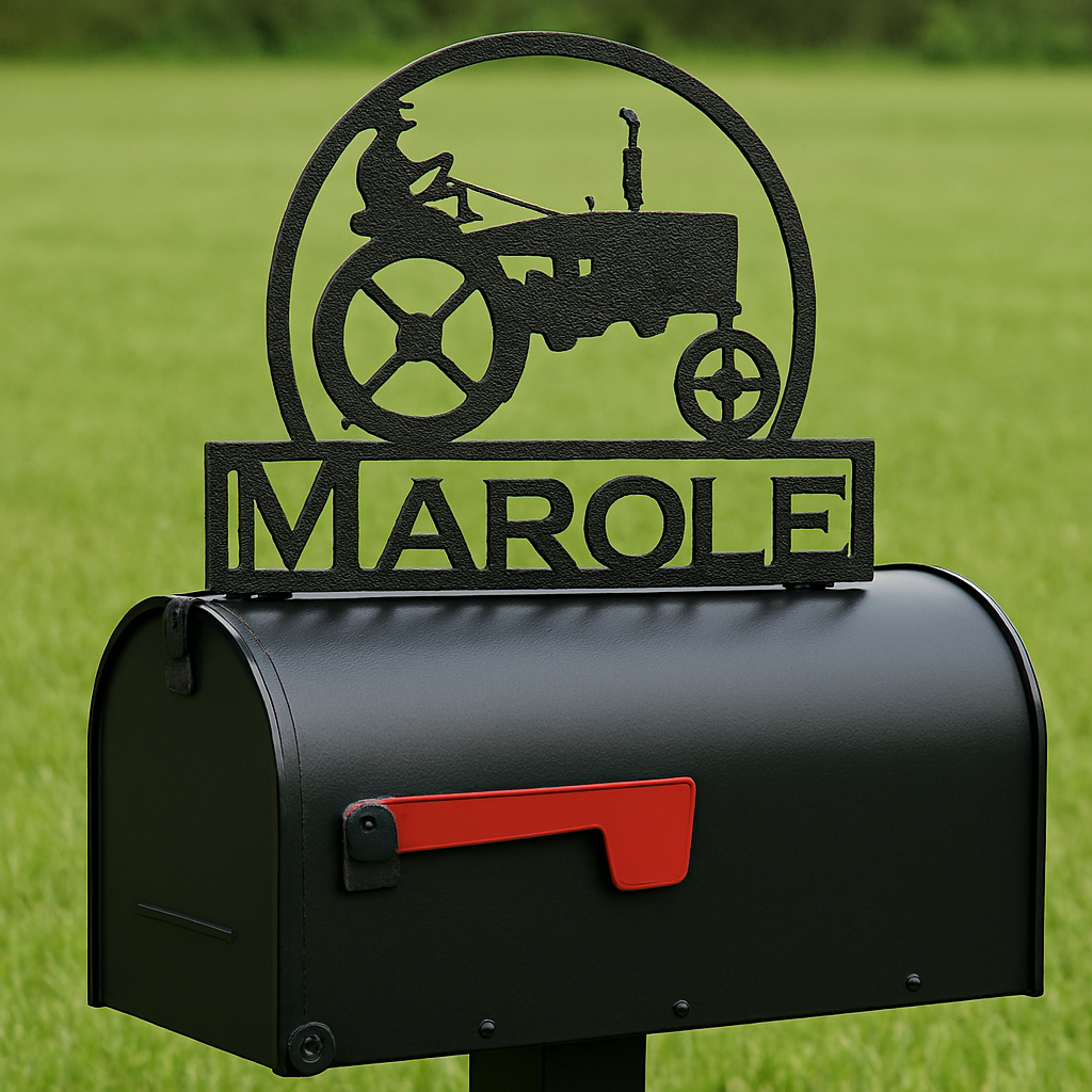 Black mailbox with a decorative sign featuring a tractor and the name 'Marole' on a grassy background.