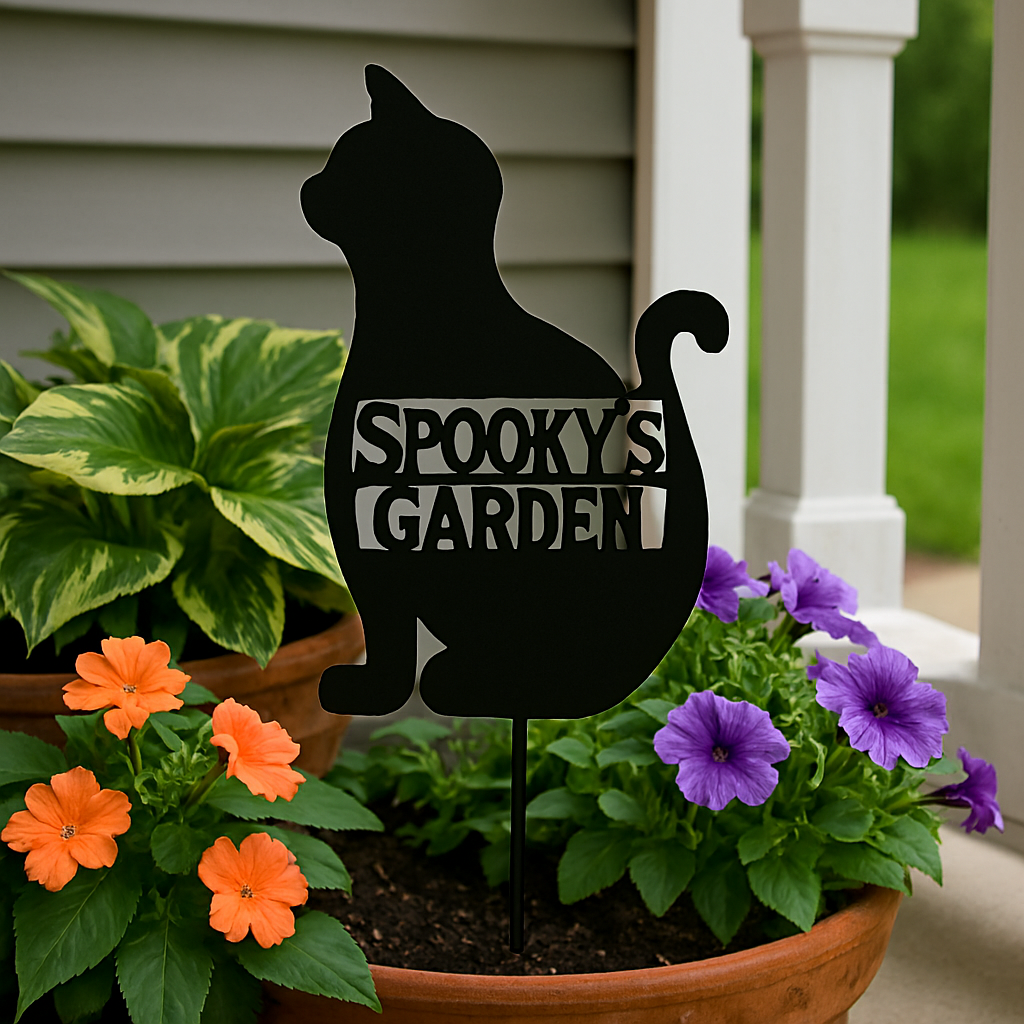 cat garden stake in flower pot