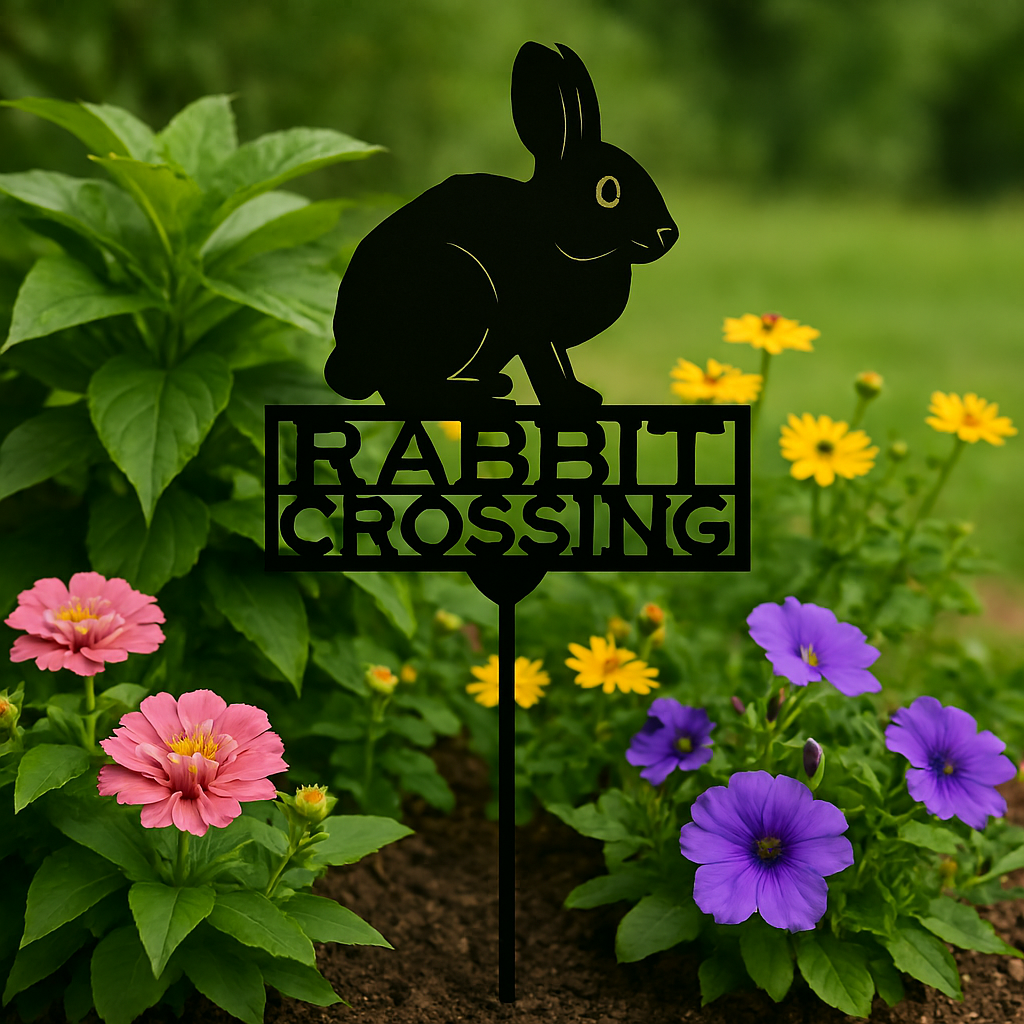 Garden stake with rabbit design and 'Rabbit Crossing' text among flowers