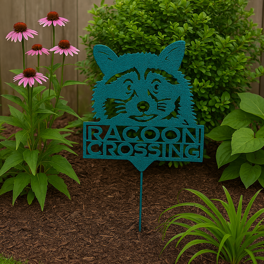 metal racoon garden stake in a garden
