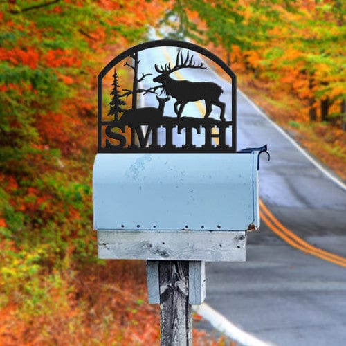 Rusty Rooster Fabrication & Design 16 Gauge / Bolt on / Black Bull Elk with Doe Mailbox Topper (D39)