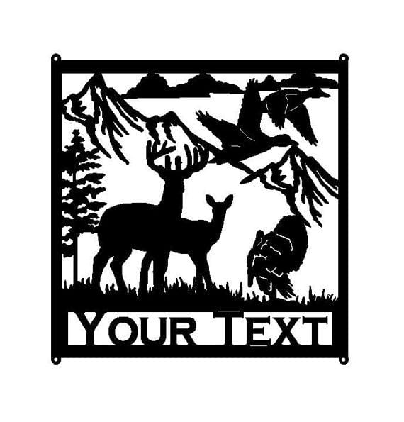Rusty Rooster Fabrication & Design Buck and Doe with Turkey Mountains Trees and Custom Text Field (M10)