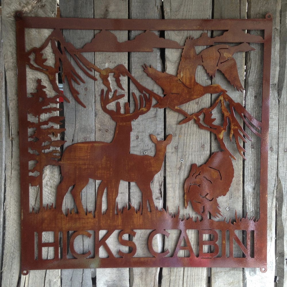 Rusty Rooster Fabrication & Design Buck and Doe with Turkey Mountains Trees and Custom Text Field (M10)