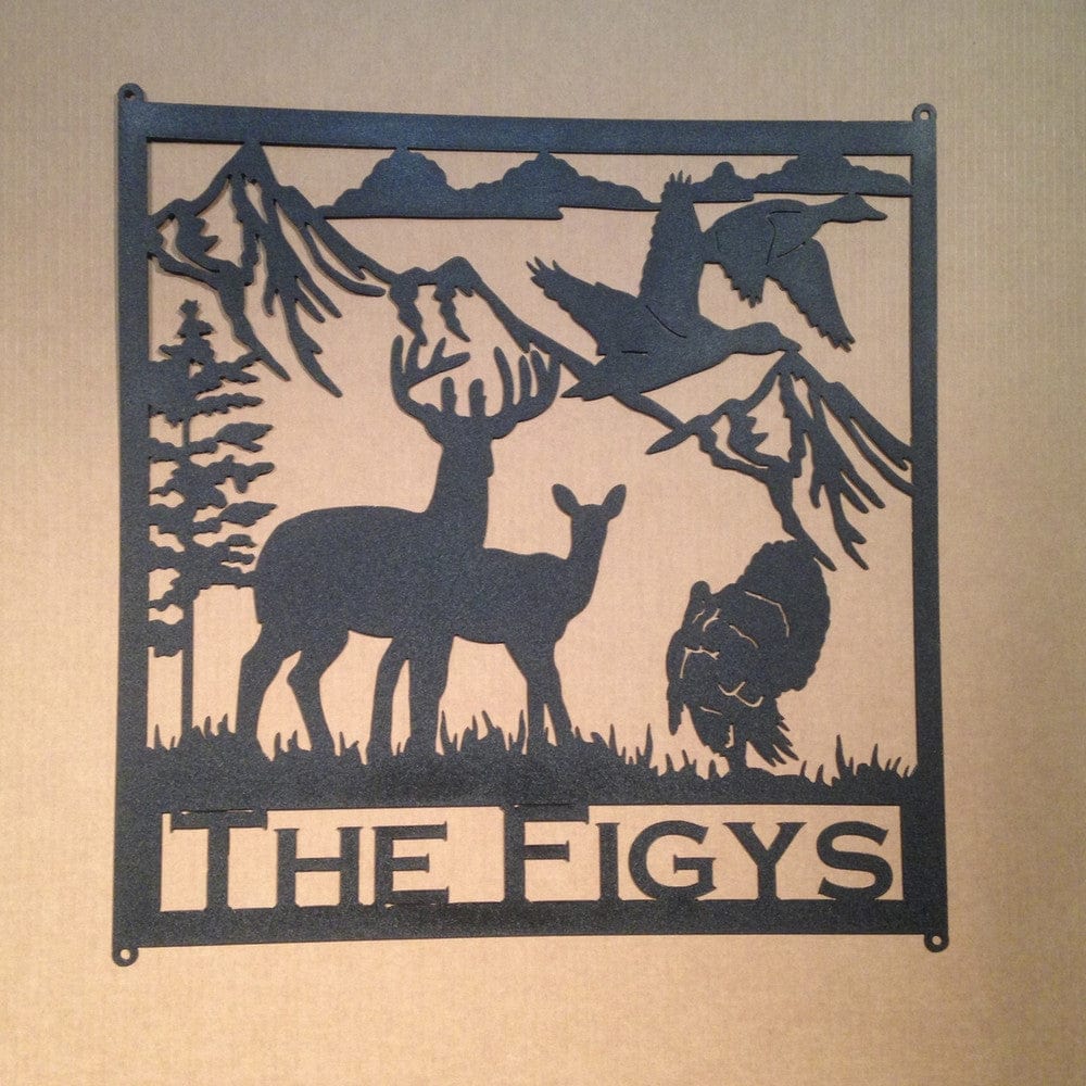 Rusty Rooster Fabrication & Design Buck and Doe with Turkey Mountains Trees and Custom Text Field (M10)