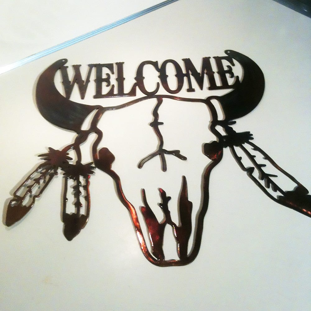 Rusty Rooster Fabrication & Design Bull Skull with Feathers Welcome Sign (C13)
