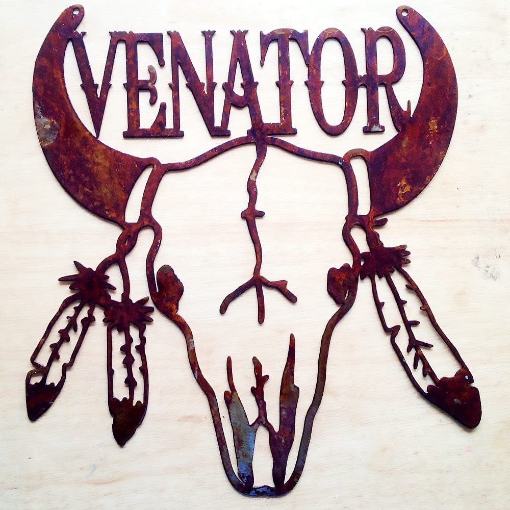 Rusty Rooster Fabrication & Design Bull Skull with Feathers Welcome Sign (C13)
