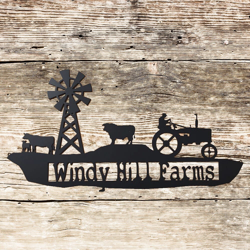 Rusty Rooster Fabrication & Design Farm Scene with Tractor and Cows Metal Sign with Custom Text Field (H0)