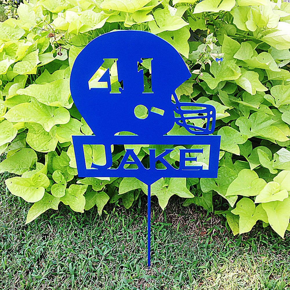 Rusty Rooster Fabrication & Design Football Helmet Garden Stake with Custom Text Box and Your Number in the Helmet (A28)