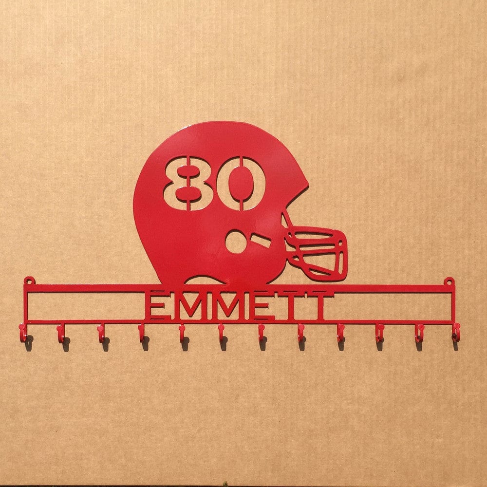 Rusty Rooster Fabrication & Design Football Helmet Medal holder with Personalized Text Field and Your Number Cut in the Helmet (Z26)