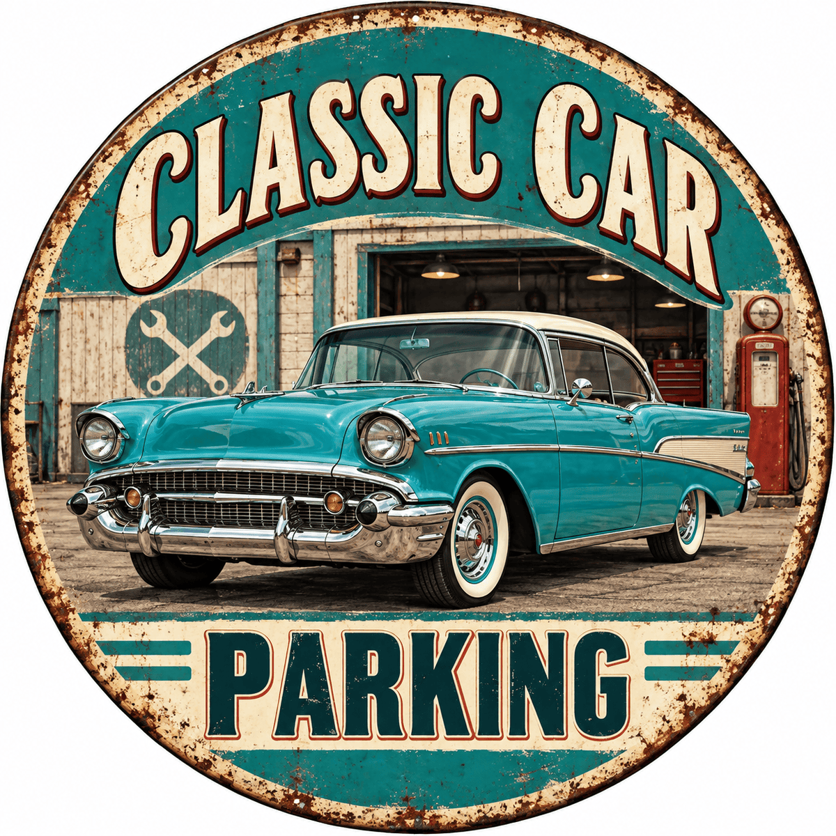 Rusty Rooster Fabrication & Design Full-Color Steel Sign Classic Car Parking Round Steel Sign (Sub A17)