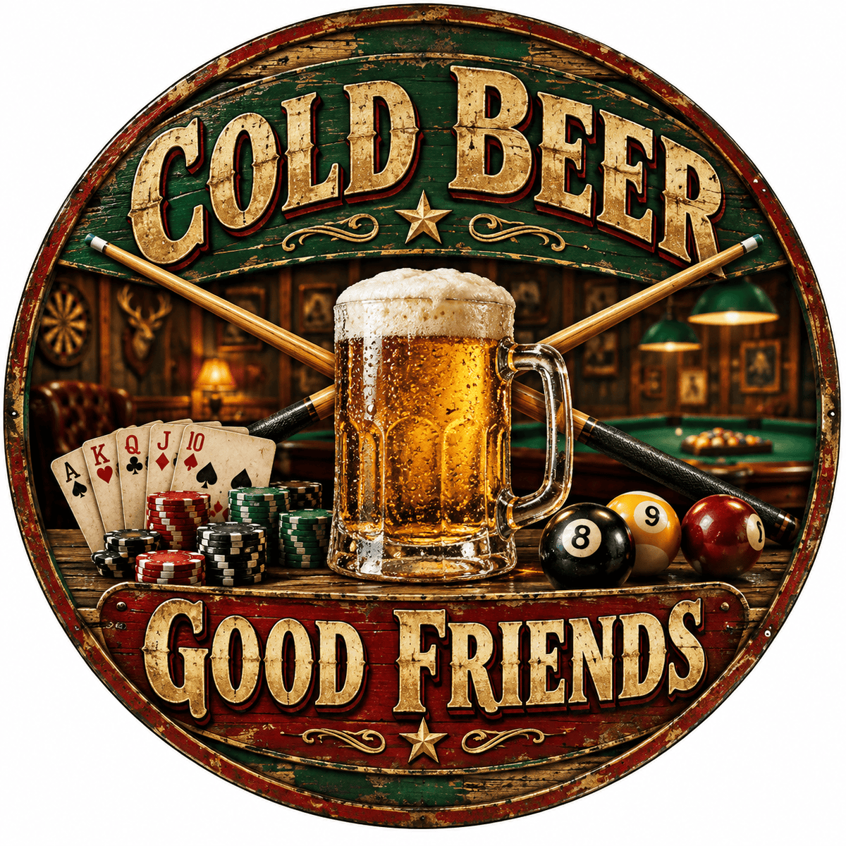 Rusty Rooster Fabrication & Design Full-Color Steel Sign Cold Beer Good Friends Round Steel Sign (Sub A68)