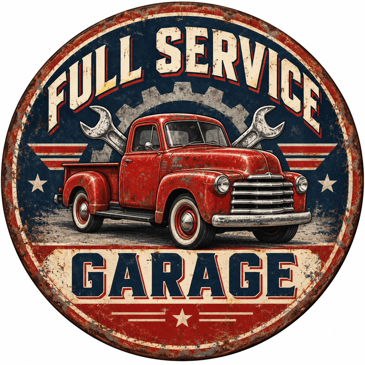 Rusty Rooster Fabrication & Design Full-Color Steel Sign Full Service Garage Truck Round Steel Sign (Sub A18)