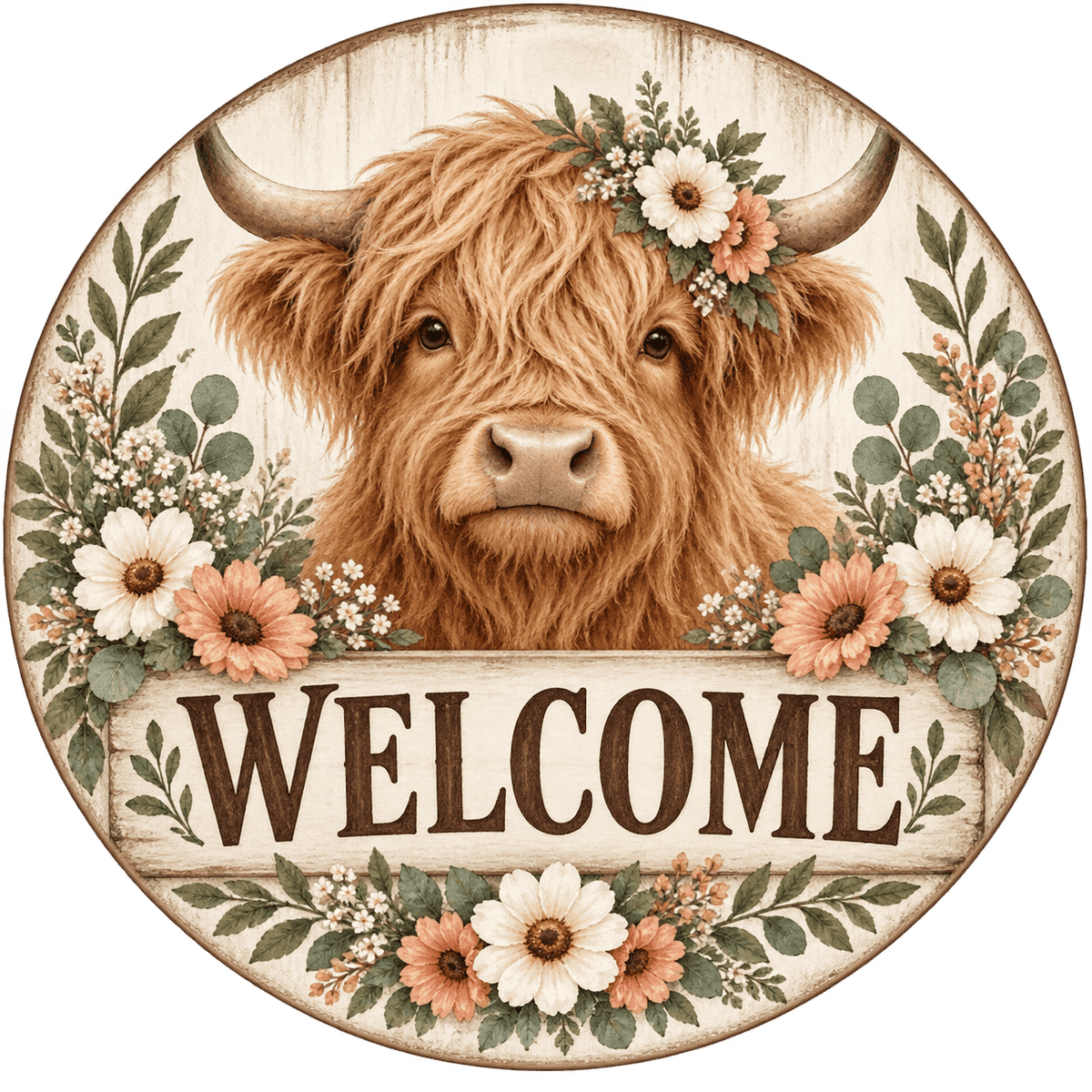 Rusty Rooster Fabrication & Design Full-Color Steel Sign Highland Cow Floral Welcome Round Steel Sign (Sub A7)