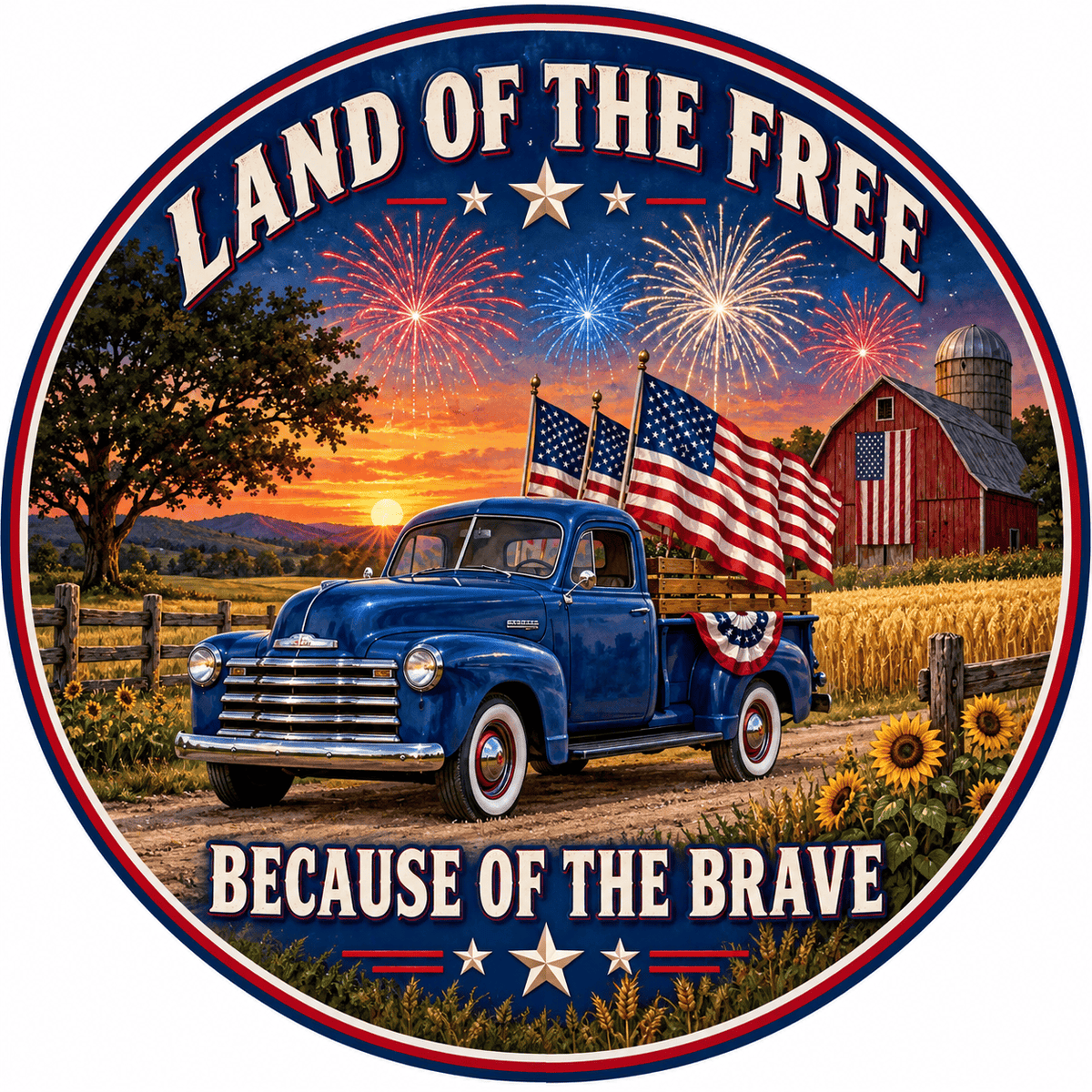 Rusty Rooster Fabrication & Design Full-Color Steel Sign Land of the Free Vintage Truck Round Steel Sign (Sub A55)