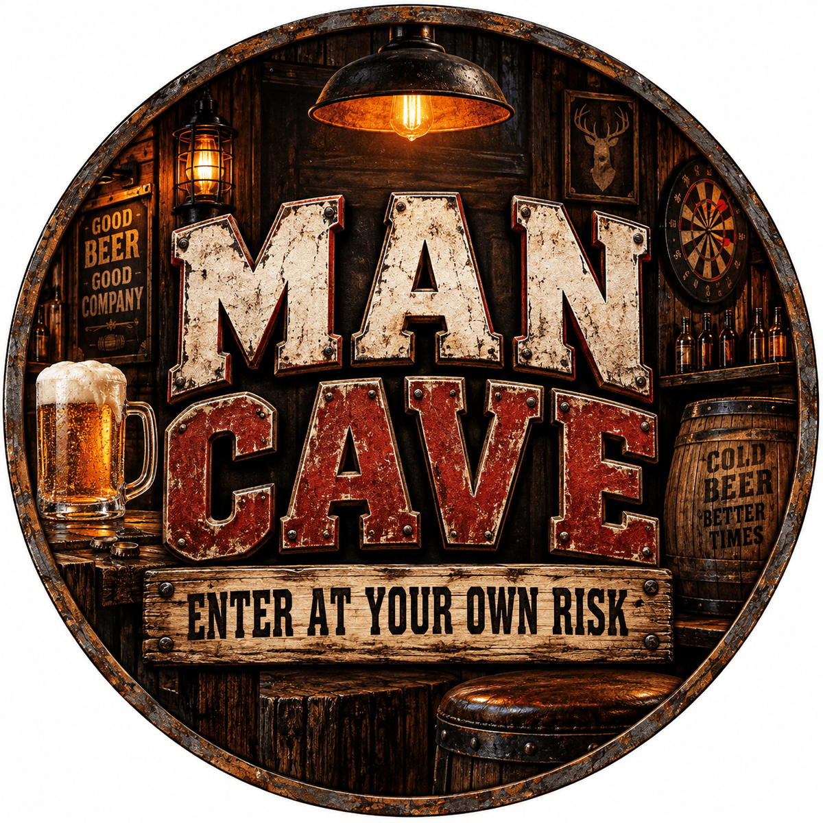 Rusty Rooster Fabrication & Design Full-Color Steel Sign Man Cave Enter at Your Own Risk Round Steel Sign (Sub A64)