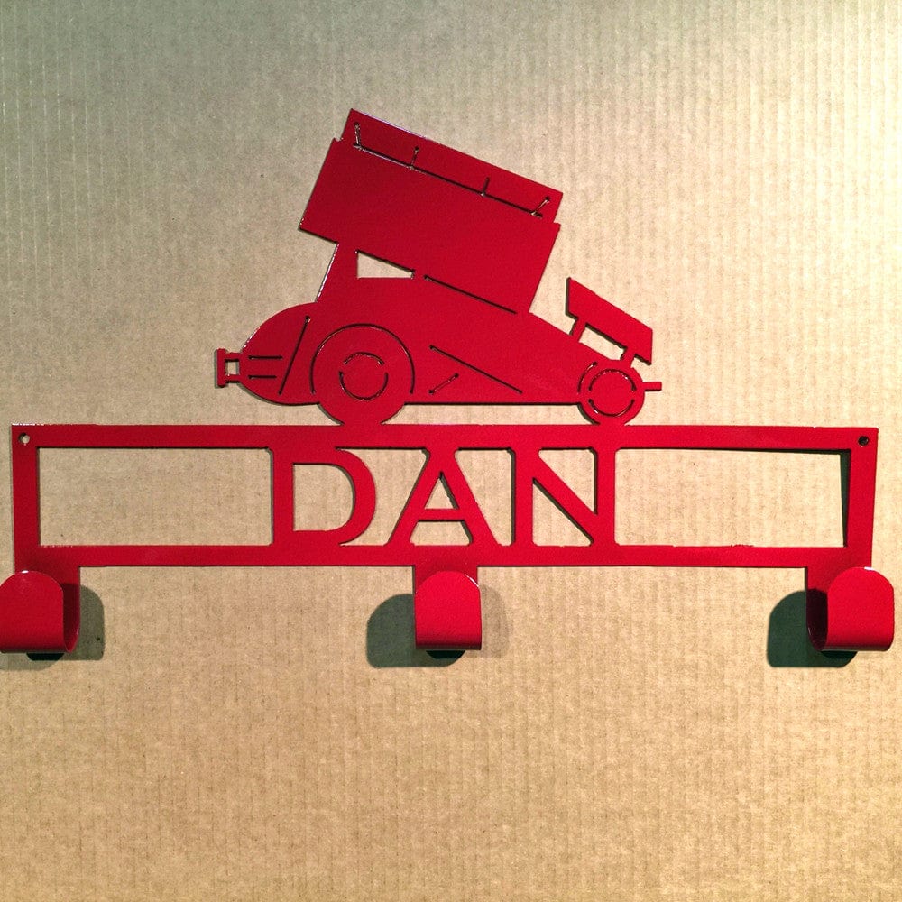 Rusty Rooster Fabrication & Design Hat / Coat Rack Sprint Car with Custom Text Box 3 Hooks (X14)