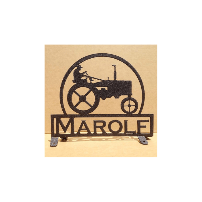 Rusty Rooster Fabrication & Design Home Decor Farmhouse Mailbox Topper – Old Tractor & Farmer Design with Custom Name Plate (C19)