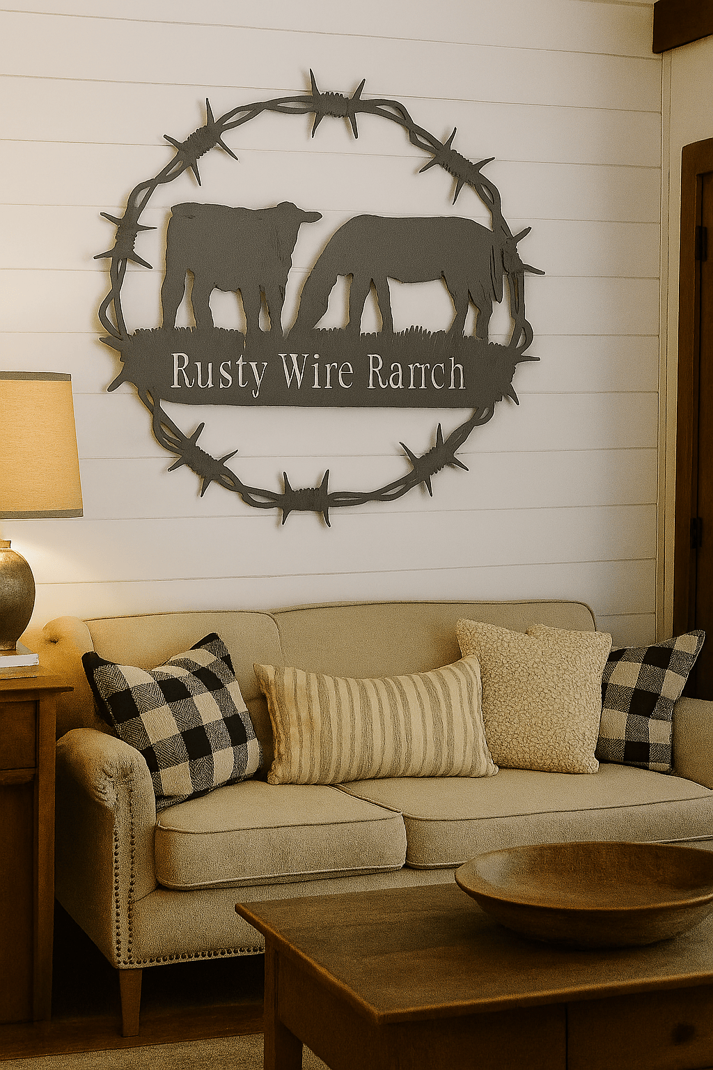 Rusty Rooster Fabrication & Design Home Decor Rustic Barbwire Metal Frame with Cow & Horse Silhouette – Western Wall Art (B80)