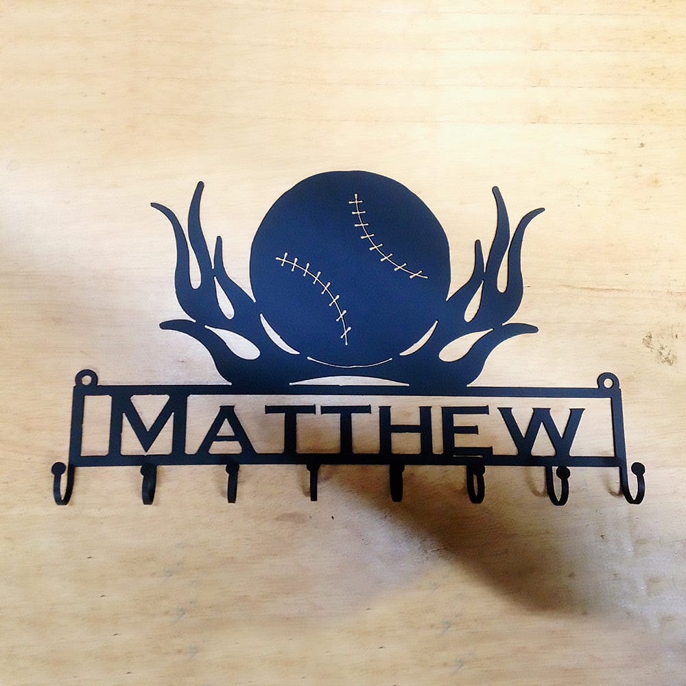 Rusty Rooster Fabrication & Design Medal Holder Baseball with Flames with Custom Text Box with 8 Hooks (D28)
