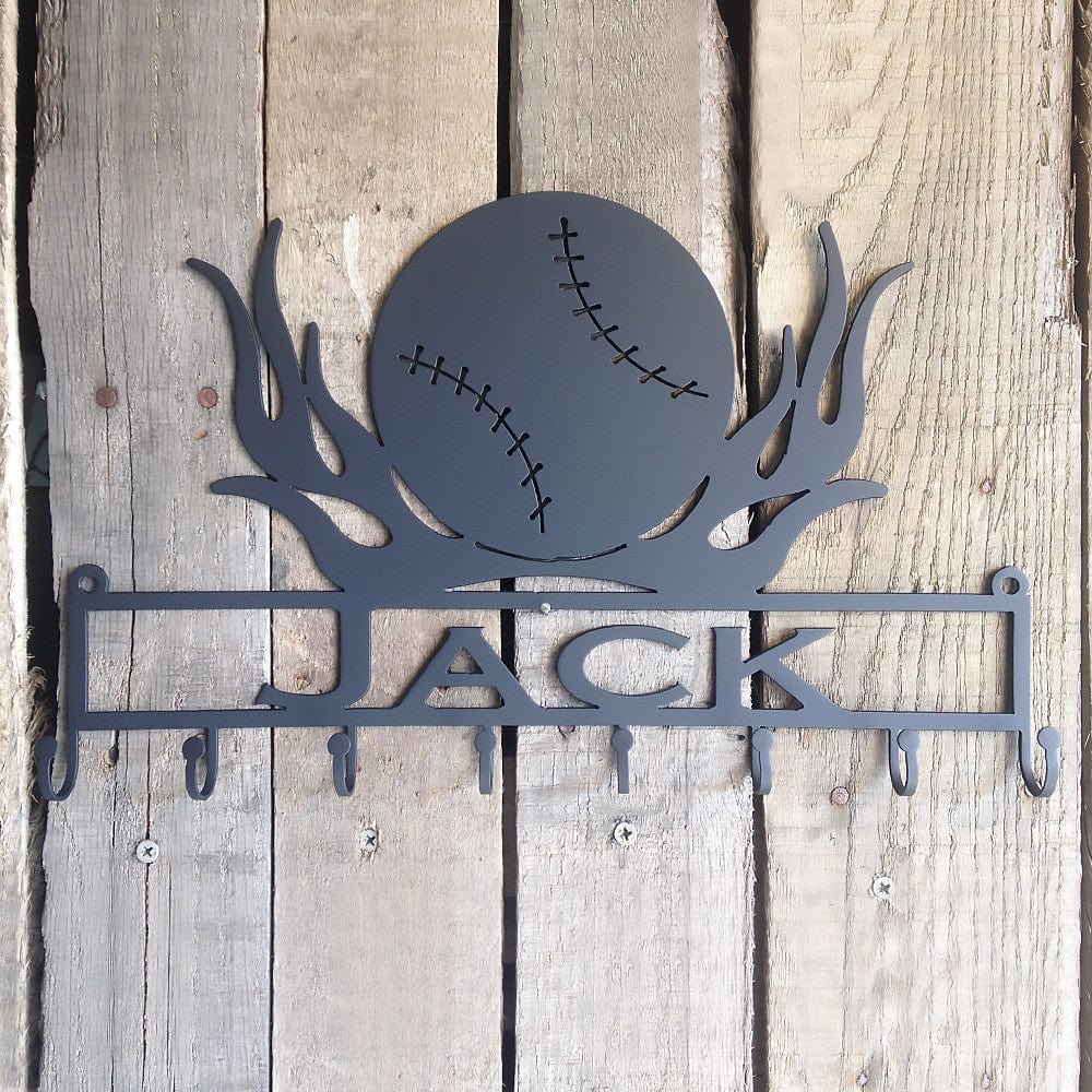 Rusty Rooster Fabrication & Design Medal Holder Baseball with Flames with Custom Text Box with 8 Hooks (D28)