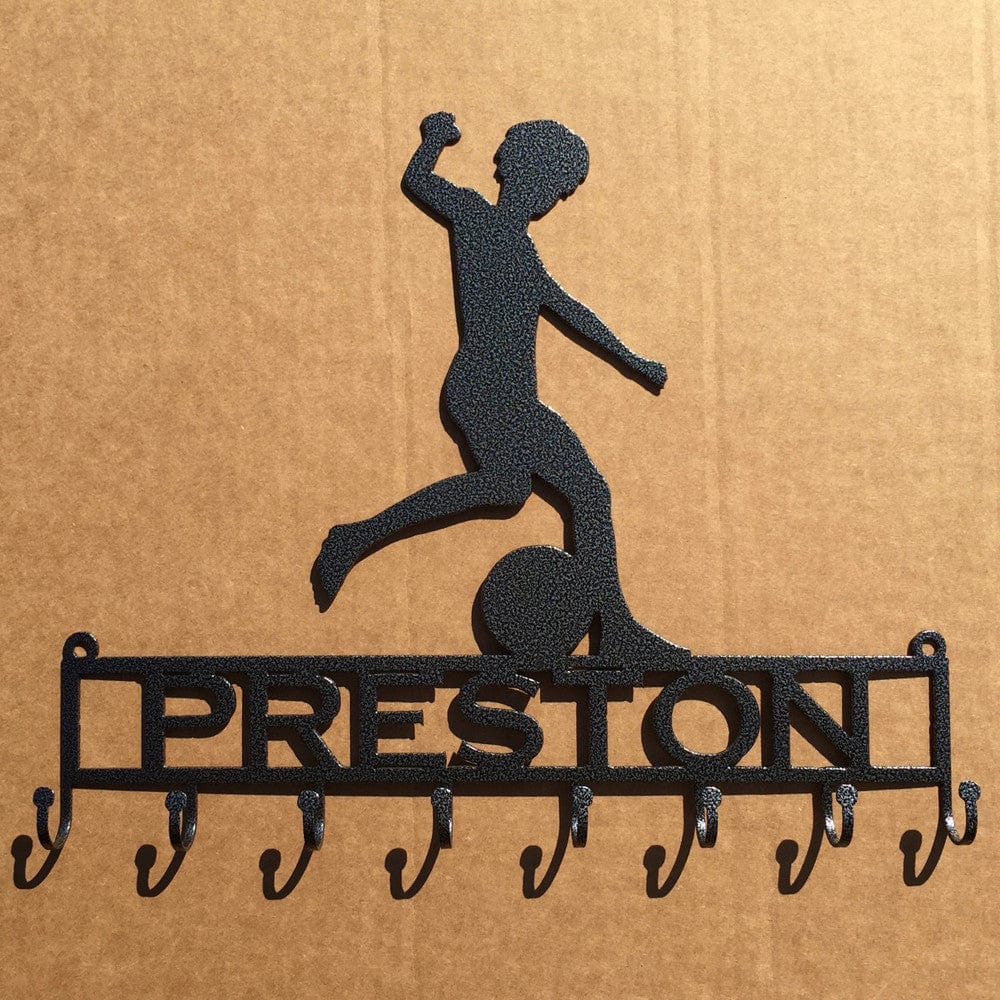 Rusty Rooster Fabrication & Design Medal Holder with Soccer Player Kicking Ball with Custom Text Field and 8 Hooks   (Z23)