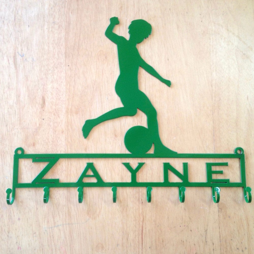 Rusty Rooster Fabrication & Design Medal Holder with Soccer Player Kicking Ball with Custom Text Field and 8 Hooks (Z23)