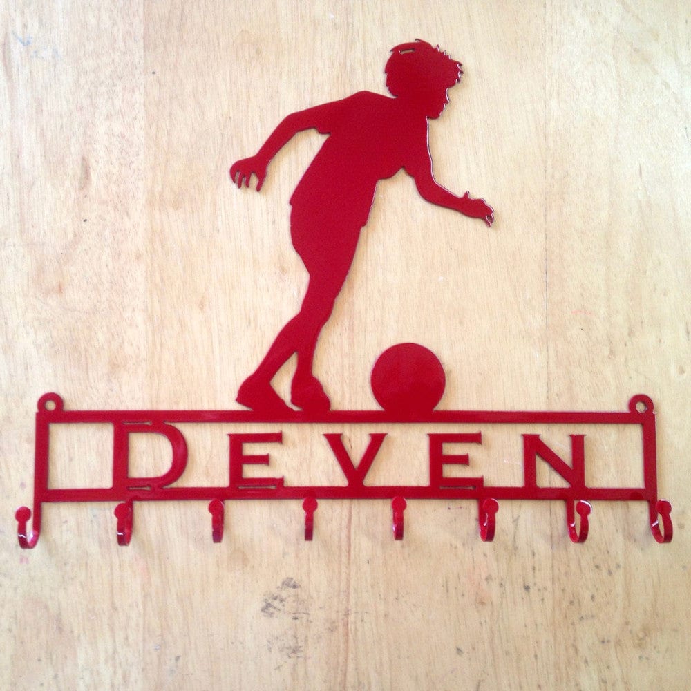 Rusty Rooster Fabrication & Design Medal Holder with Soccer Player Running with Ball with Custom Text Field and 8 Hooks (Z22)