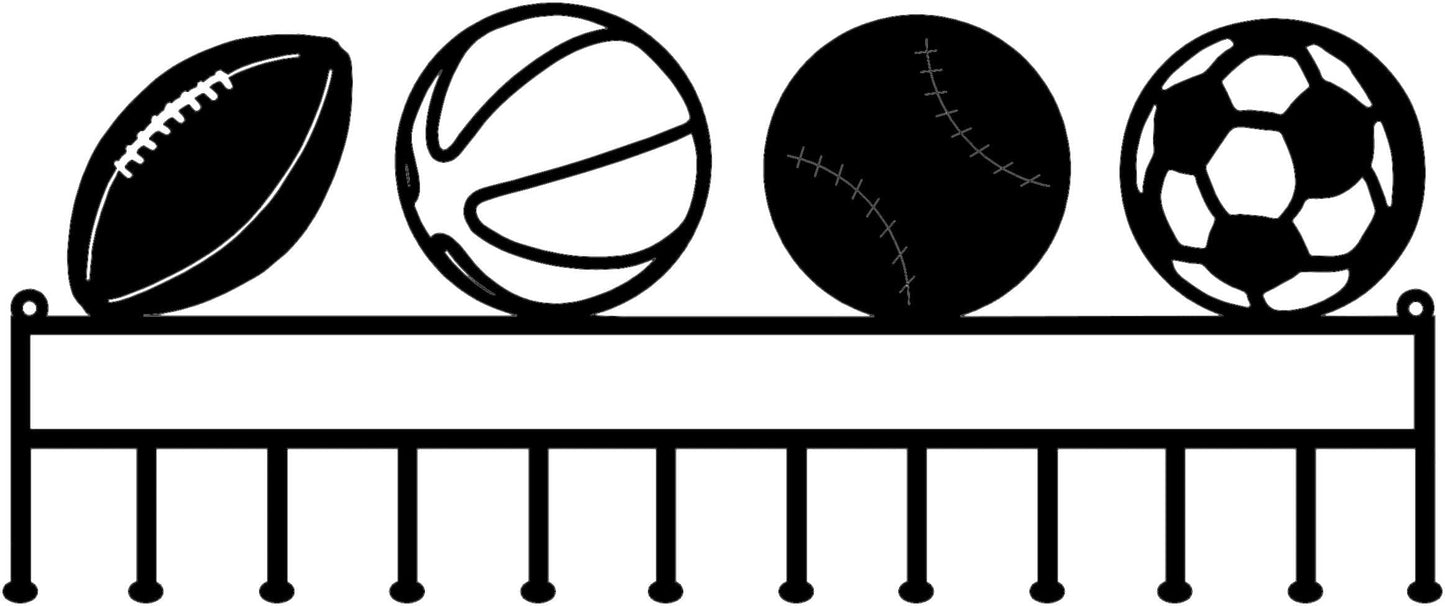 Rusty Rooster Fabrication & Design Medal Rack with 4 Sport Ball of your choice with Personalized Text Field (W16)