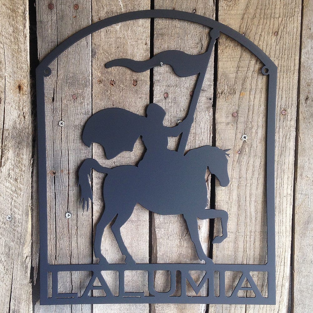 Rusty Rooster Fabrication & Design Metal Art Knight on Horse with Flag and Custom Text Sign (L15)