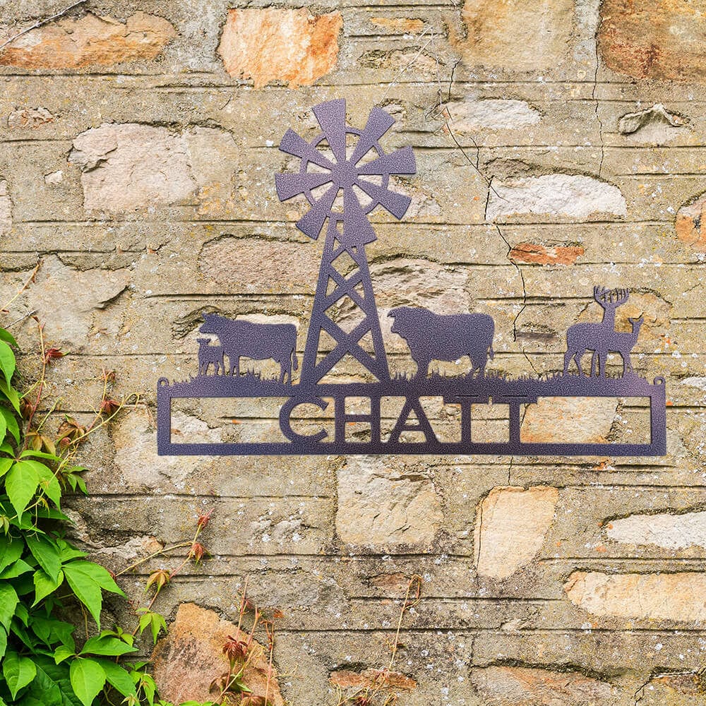 Rusty Rooster Fabrication & Design Metal Art Windmill with Cows and Deer Custom Text sign (G12)