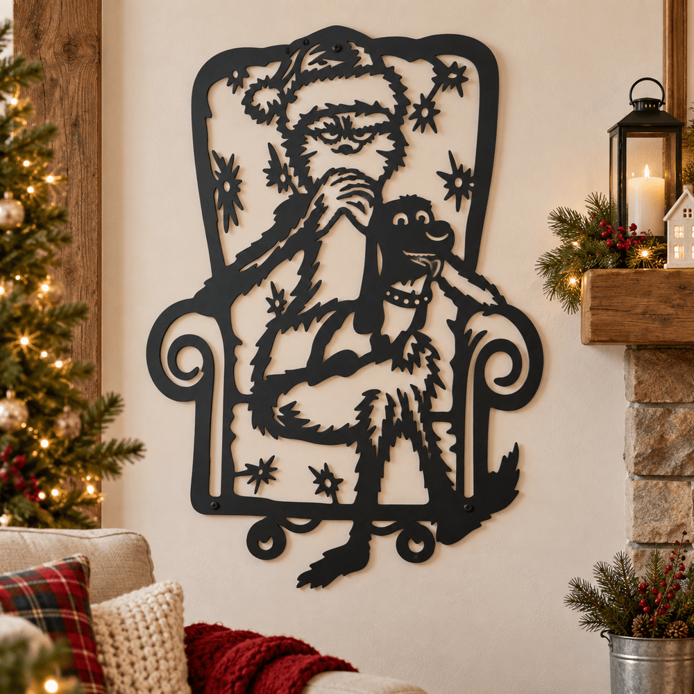 Rusty Rooster Fabrication & Design Metal Sign Mischievous Christmas Character & Dog Metal Sign (D82)