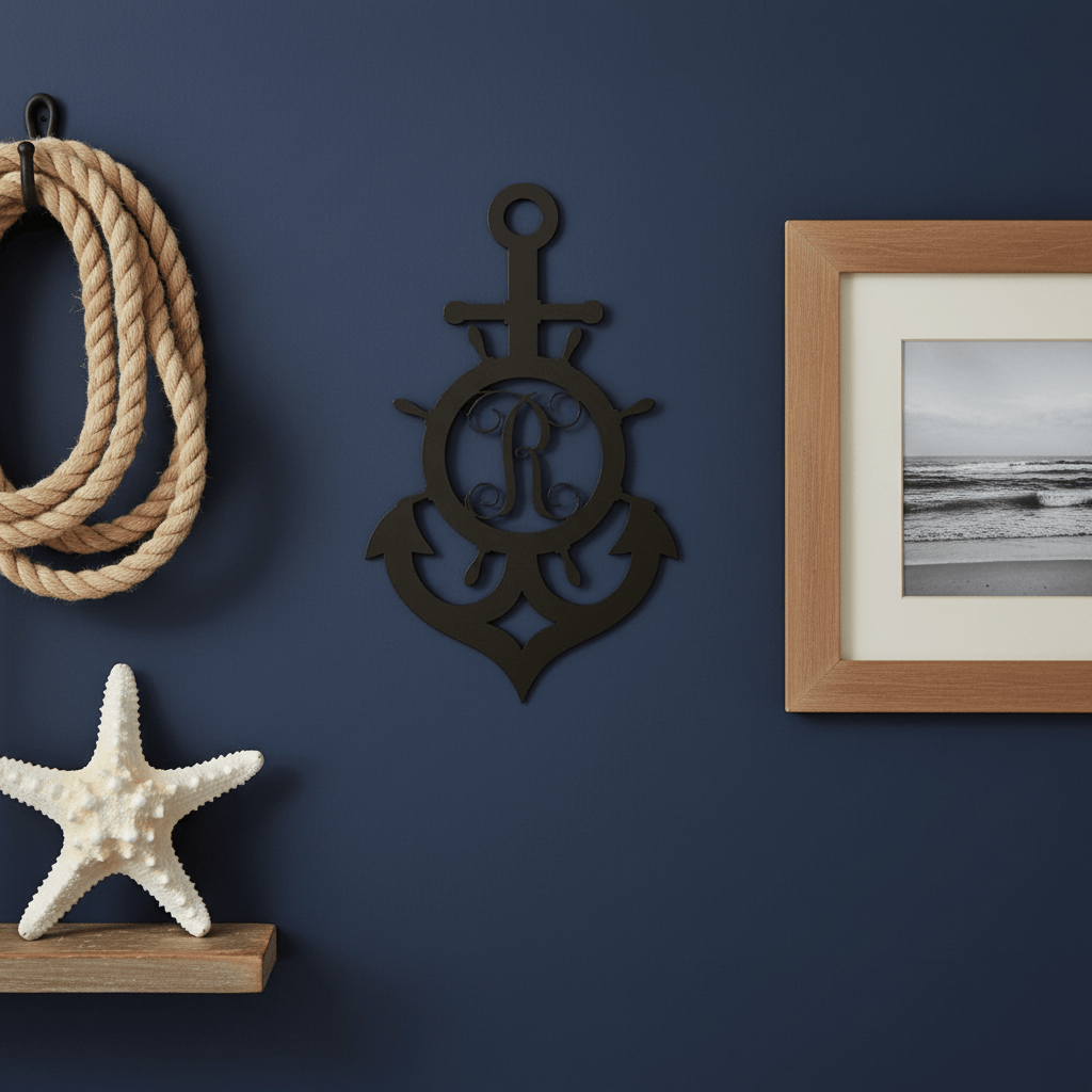 Rusty Rooster Fabrication & Design metal Sign Ships Wheel And Anchor With Vine Monogram (S23)