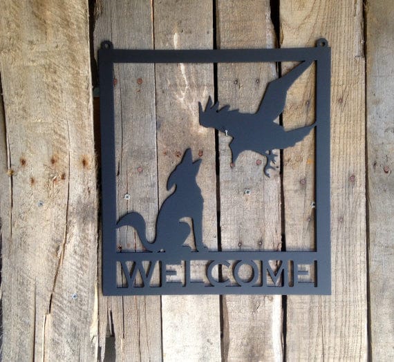 Rusty Rooster Fabrication & Design Metal Welcome Sign Coyote / Raven Metal Wall Art (U3)