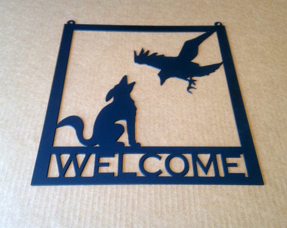 Rusty Rooster Fabrication & Design Metal Welcome Sign Coyote / Raven Metal Wall Art (U3)