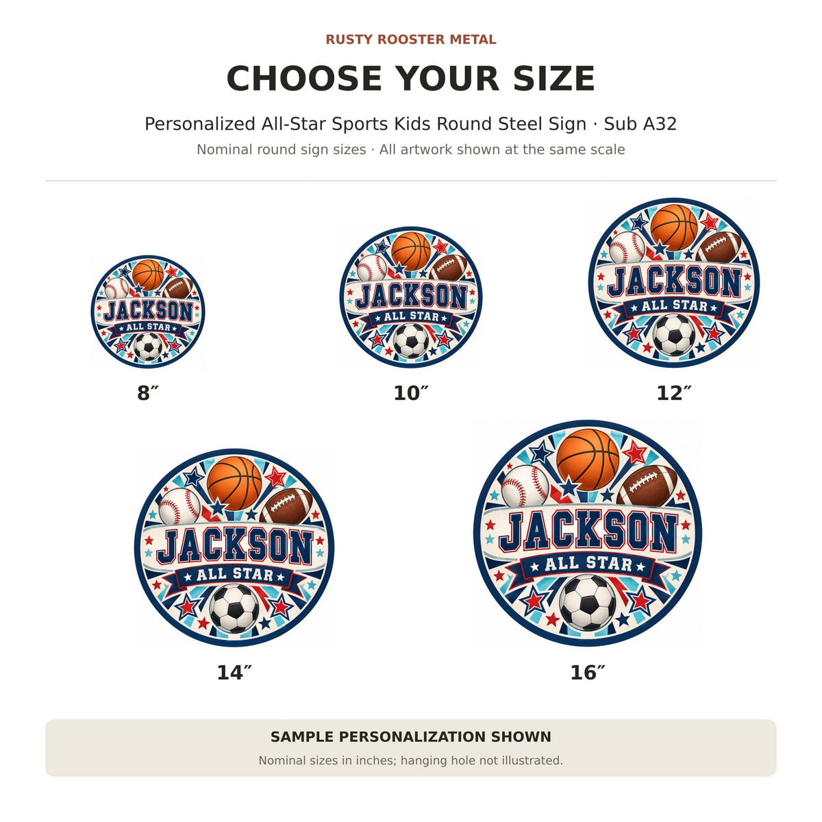 Rusty Rooster Fabrication & Design Personalized Full-Color Steel Sign Personalized All-Star Sports Kids Round Steel Sign (Sub A32)
