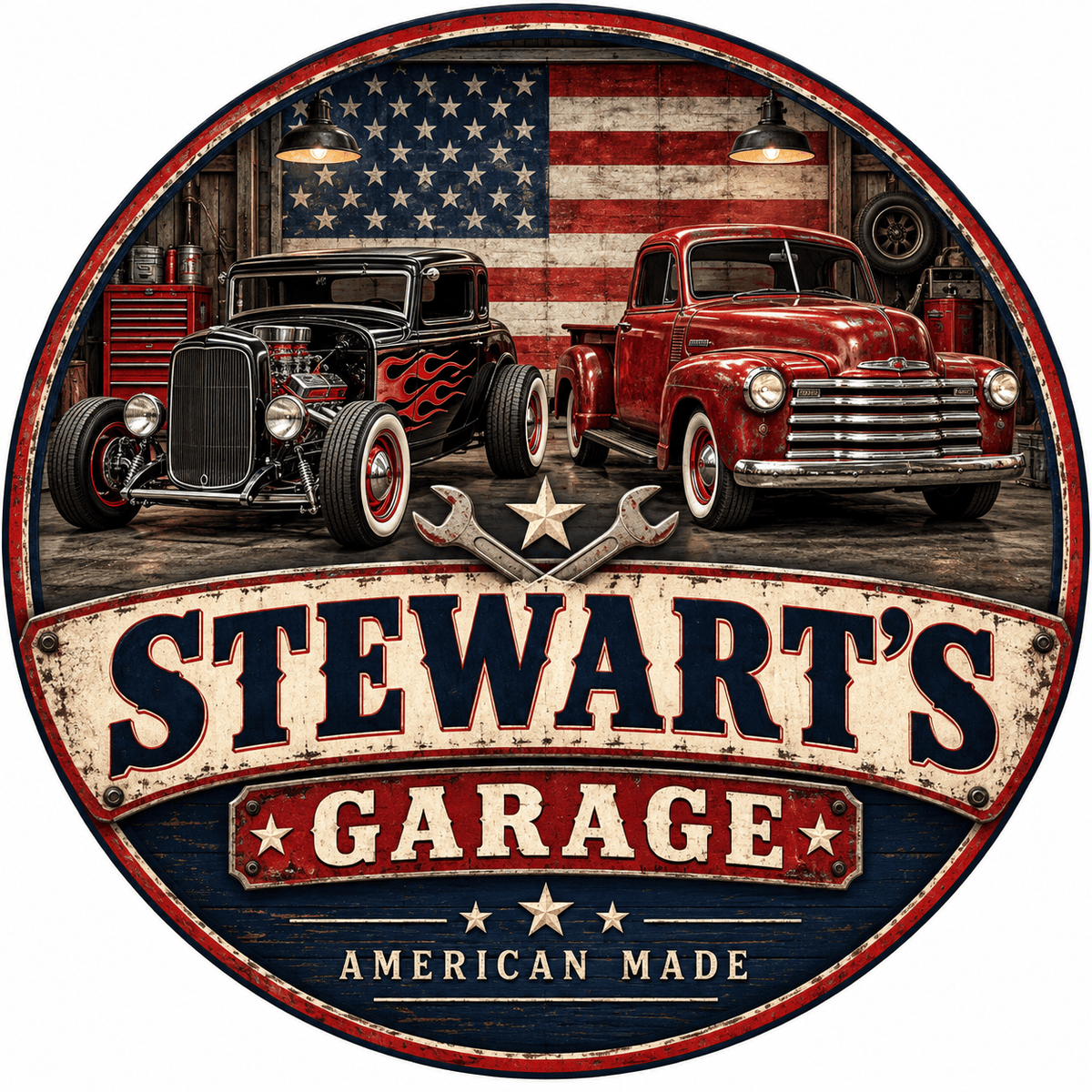 Rusty Rooster Fabrication & Design Personalized Full-Color Steel Sign Personalized American-Made Garage Round Steel Sign (Sub A62)