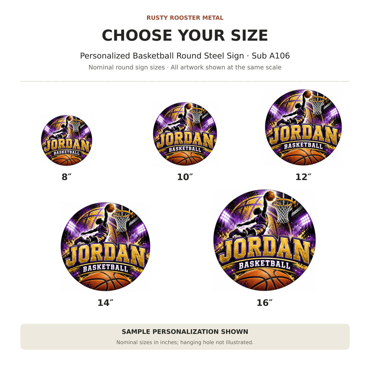 Rusty Rooster Fabrication & Design Personalized Full-Color Steel Sign Personalized Basketball Round Steel Sign (Sub A106)