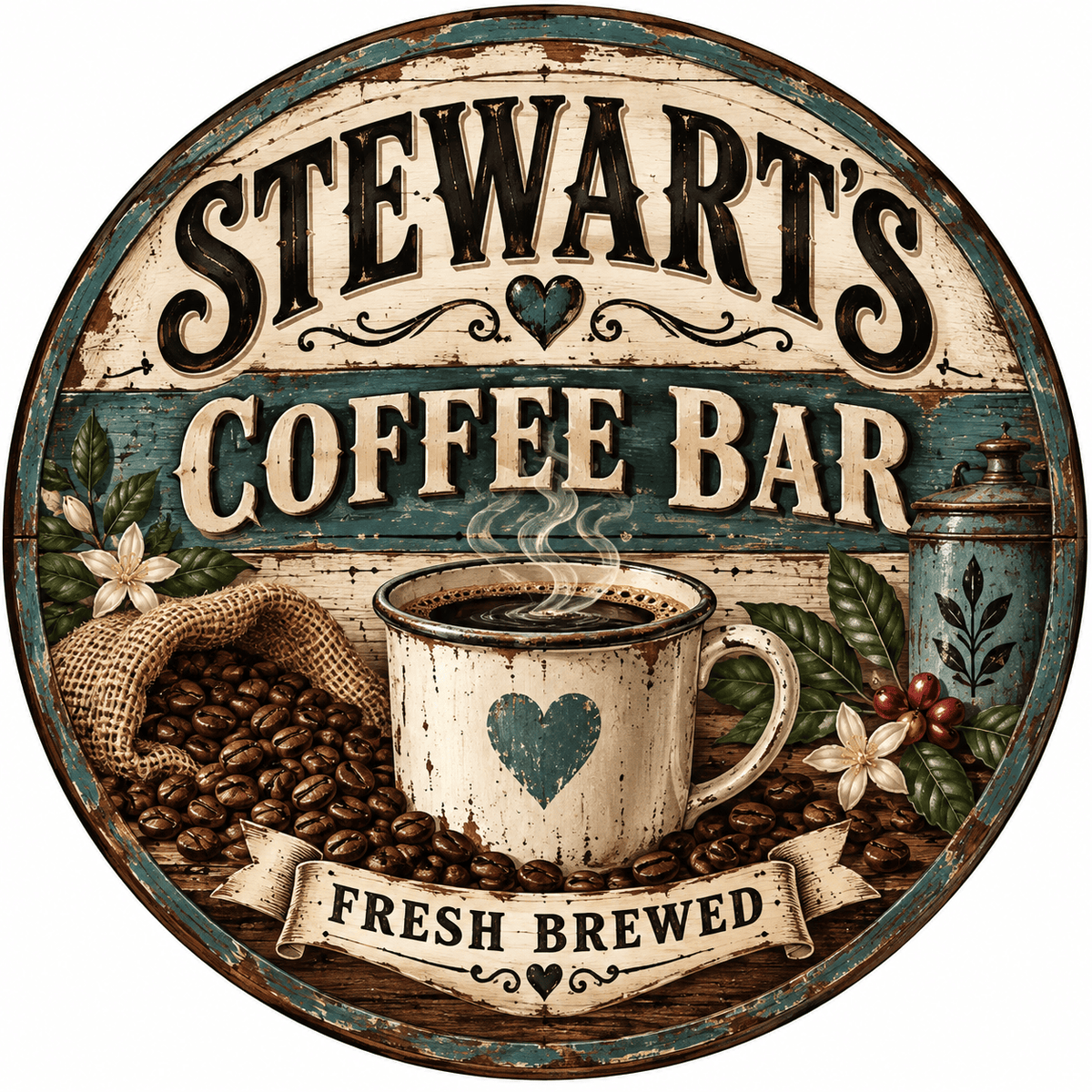 Rusty Rooster Fabrication & Design Personalized Full-Color Steel Sign Personalized Coffee Bar Round Steel Sign (Sub A81)