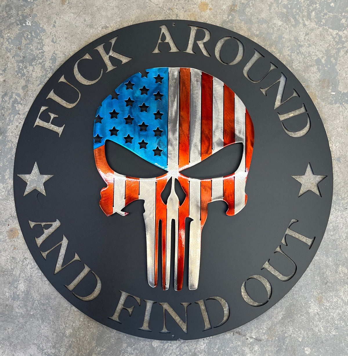 "F Around and Find Out" American Flag Punisher Skull Metal Sign