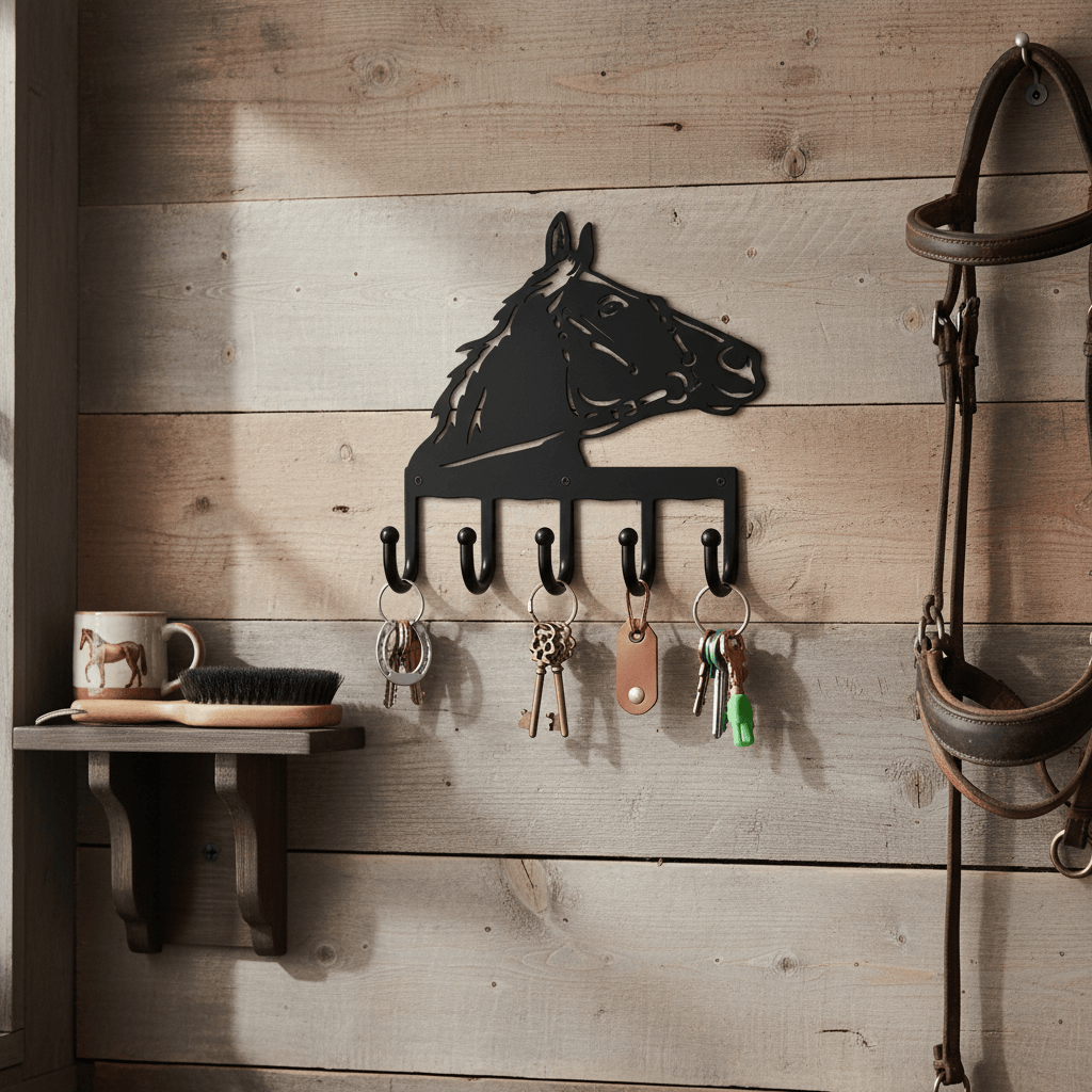 Rusty Rooster Fabrication & Design Physical product “Rustic Horse Head Key Holder with Five Hooks - E52 | Vintage Wall Mounted Organizer”