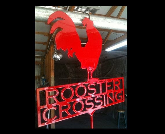 Rusty Rooster Fabrication & Design Rooster Crossing Garden Stake (Z5)