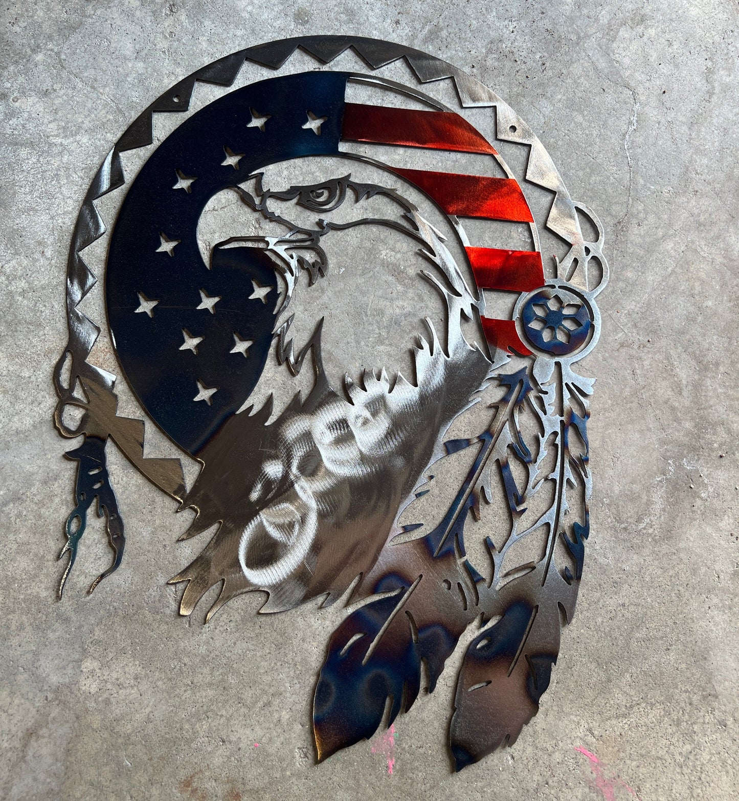 Rusty Rooster Fabrication & Design Trible american eagle with feathers and wraped in old glory C84