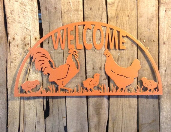 Rusty Rooster Fabrication & Design Welcome Sign with Rooster, Hen and Chicks (X30)