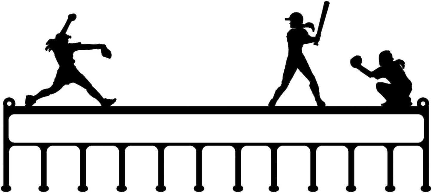 Softball Medal / Ribbon Holder with A Pitcher Batter and Fielder and Custom Text Box (W25)