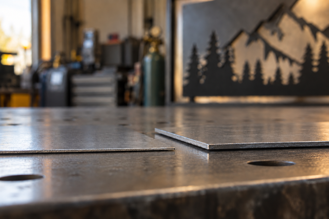 Thin 16-gauge and 10-gauge sheet-steel samples compared on a fabrication table