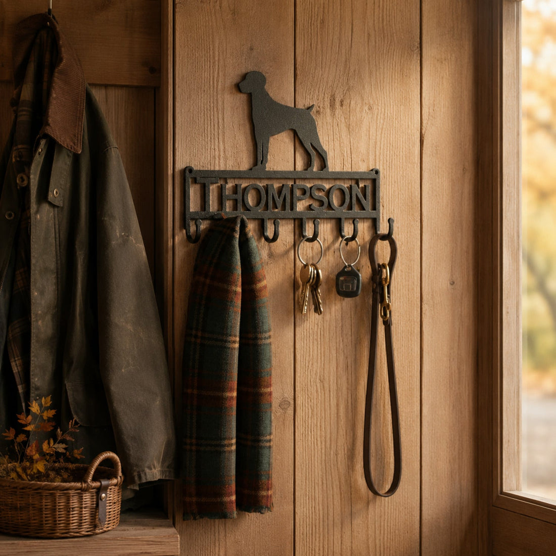 Personalized German Shorthaired Pointer key holder with six hooks in a rustic fall mudroom